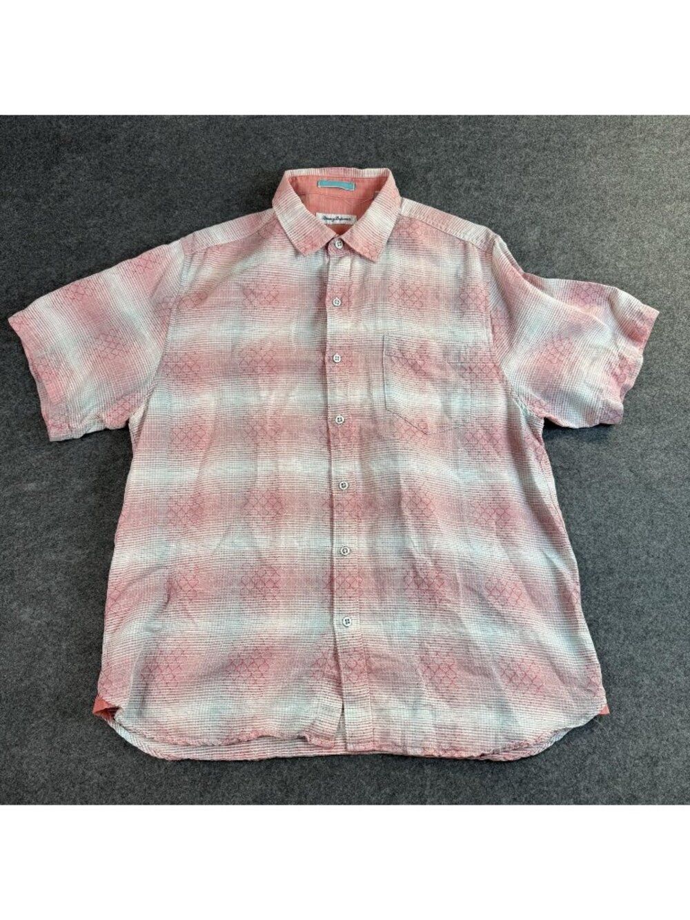 Tommy Bahama Shirt Mens Size Large Pink Linen Cotton Geometric Beach Casual